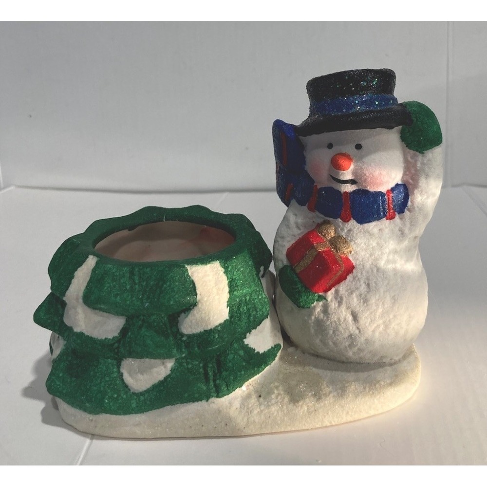 Christmas Snowman Votive Candle Holder Holiday Ceramic Decor 4.5" x 5" x 3" - Picture 2 of 8